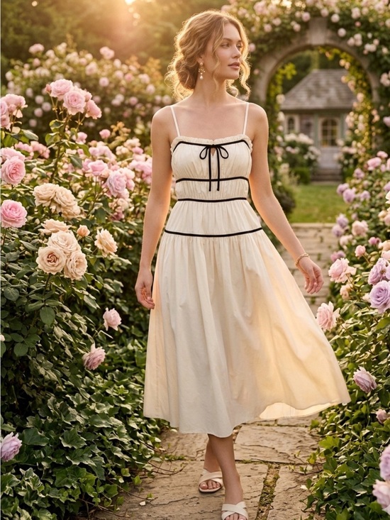 Storia Dresses & Skirts - Storia Cream Midi Dress with Black Trim